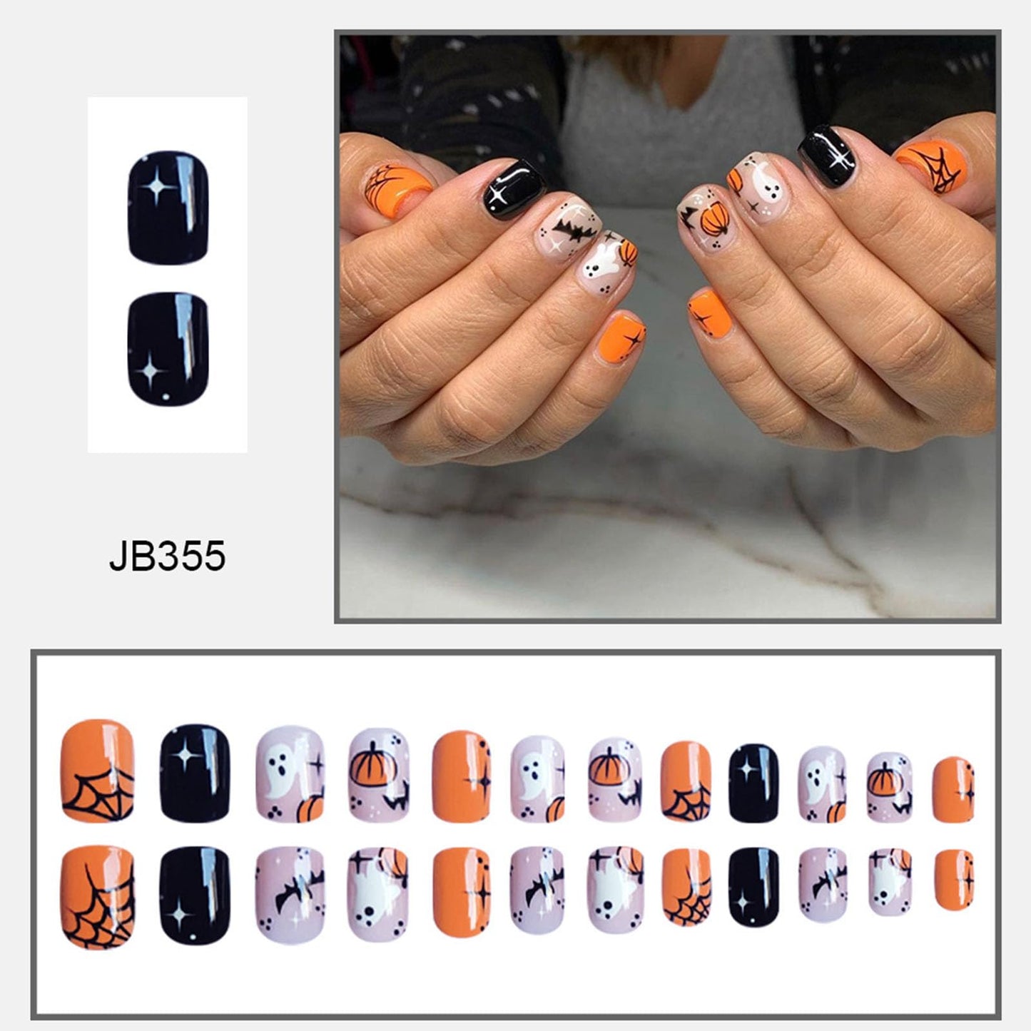 Halloween Press on Nails Short Square Bat Pumpkin Cute Ghost Fake Nails Balck Orange Pink Full Cover Glue on Nails Glossy Acrylic False Nails Press ons for Women 24 Pcs