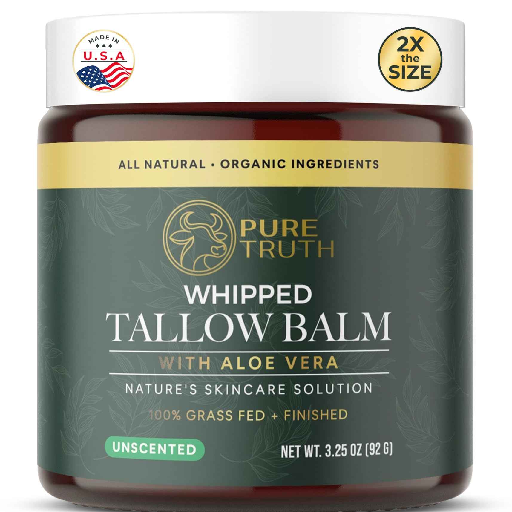 Pure Truth Beef Tallow for Skin (Unscented) - Whipped Tallow and Honey Balm, 100% Grass Fed Tallow for Face + Body Moisturizer Cream with Organic Honey, Aloe Vera, Jojoba Oil - For Men & Women 3.25 oz
