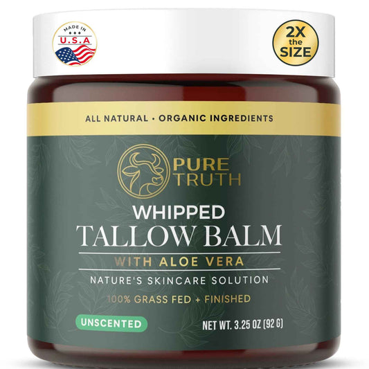 Pure Truth Beef Tallow for Skin (Unscented) - Whipped Tallow and Honey Balm, 100% Grass Fed Tallow for Face + Body Moisturizer Cream with Organic Honey, Aloe Vera, Jojoba Oil - For Men & Women 3.25 oz