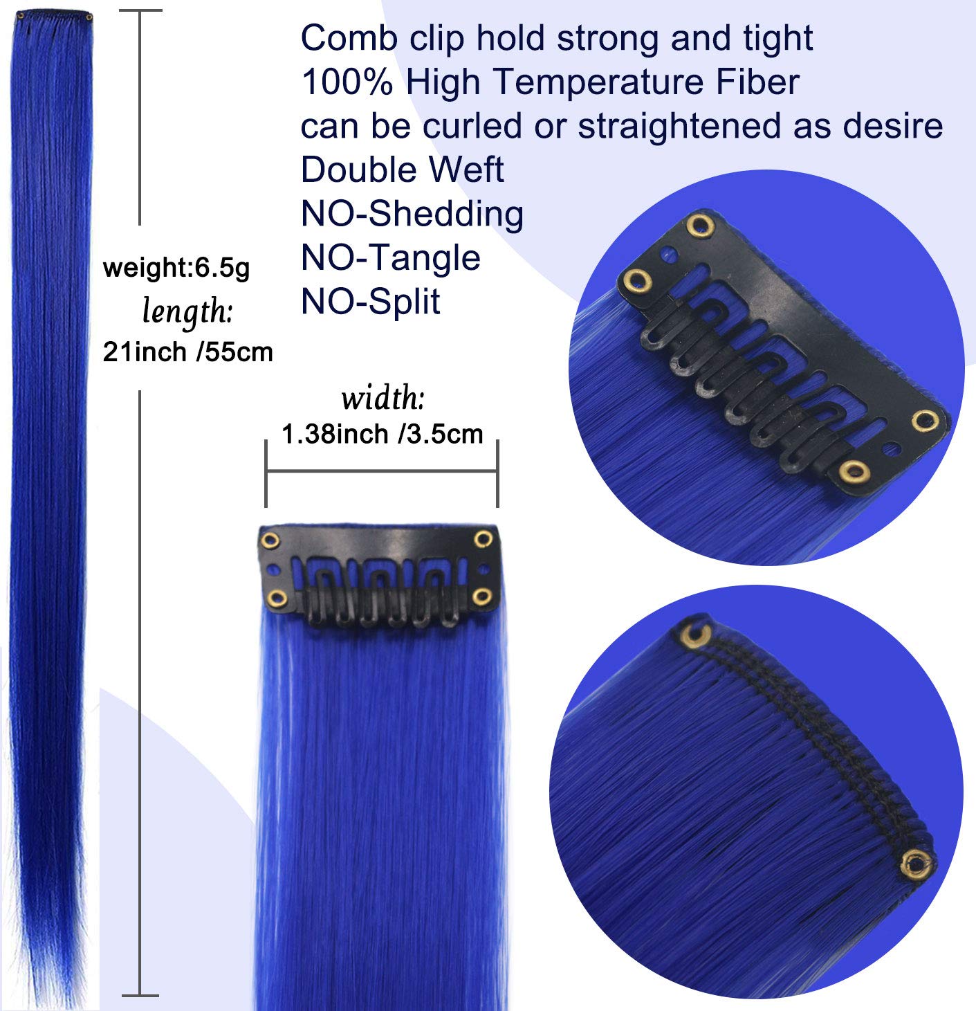 XIRRWWH 16 Pcs 21 Inch Colored Hair Extensions Clip in,Blue Wigs Heat Resistant Straight Party High Gloss Blue Hair Accessories Gifts for Women (Sapphire blue)