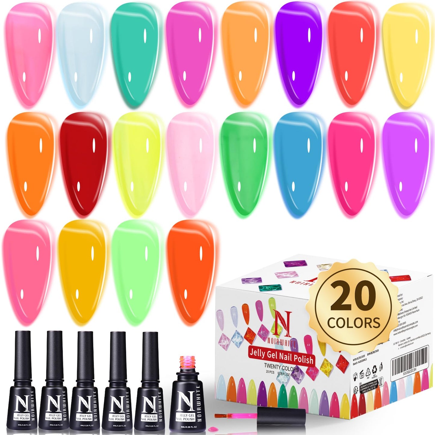 noirwhite Jelly Gel Polish, 20 Colors Trendy Neon Jelly Gel Nail Polish Kit Glossy Crystal Transparent Gel Polish Nude Pink Purple Green Blue Yellow Red Colors Jelly Nail Polish Set Soak Off UV LED