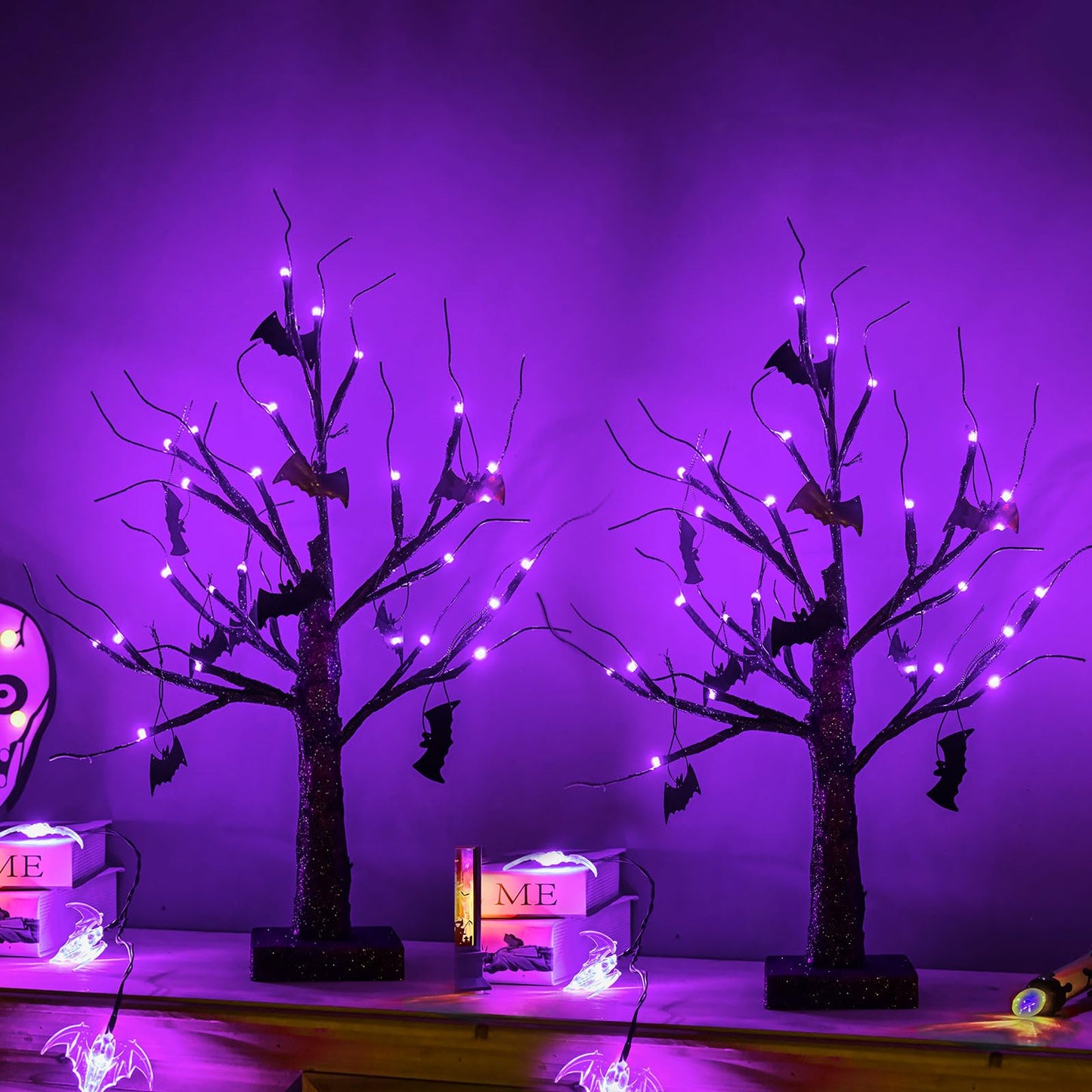 ZHOUDUIDUI 2Pack Halloween Tree, Black Spooky Tree with 24LED Purple Lights and 10 Bat Ornaments Battery Powered 18IN Lighted Halloween Bonsai Tree for Indoor Tabletop Halloween Party Decoration