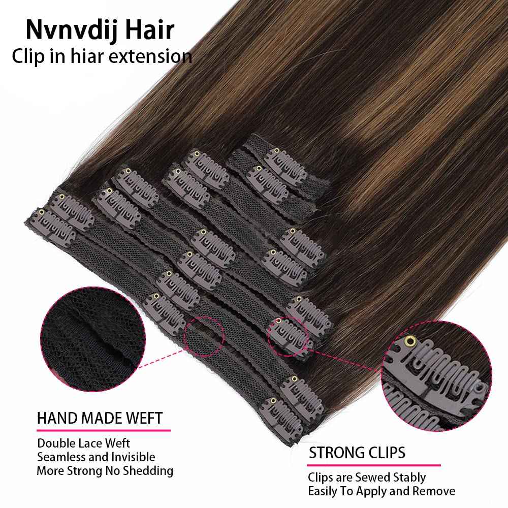 Balayage Clip in Hair Extensions Real Human Hair Straight Highlight Human Hair Clip ins for Women, Natural Soft Remy Human Hair, 8Pcs 120g, 16inch #2/6/2 Balayage Dark Brown to Chestnut Brown