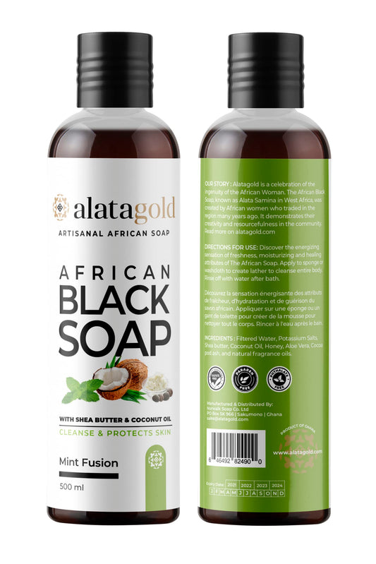 AlataGold Authentic African Black Soap Shower Gel (16.9 oz) – Shea Butter, Honey, Aloe Vera & Coconut Oil Body Wash For Sensitive Skin. Helps with Acne - Cleanse & Moisturize. PACK OF 2 (Mint)