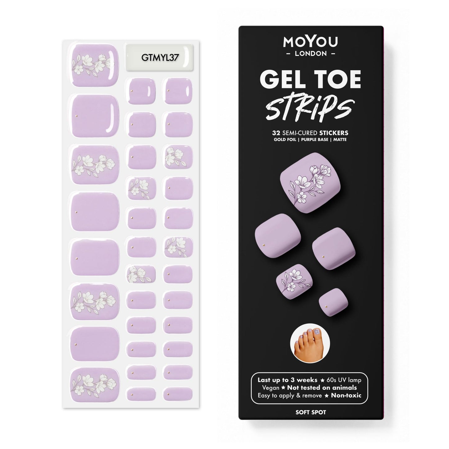 MOYOU LONDON Semi Cured Gel Nail Strips, 32 Pc. Gel Wraps for Nails, Easy Apply & Remove for Salon-Quality Pedicure - Soft Spot