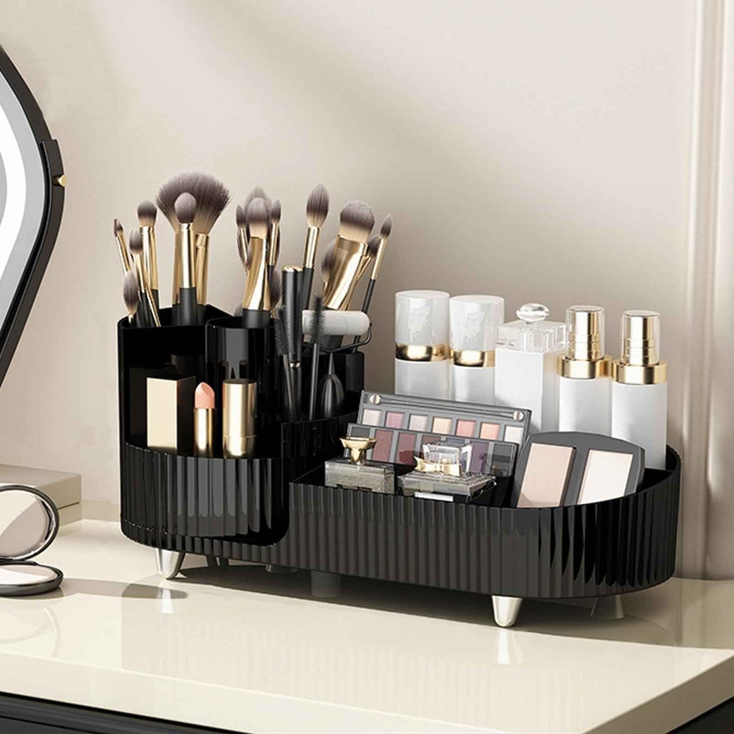 Wlicon Rotating Makeup Organizer Cosmetic Organizer, Cosmetic Display Case Round Vanity Makeup Organizer Cosmetic Storage Display box for Skincare, Brushes, Eyeshadow, Lipstick (Black)