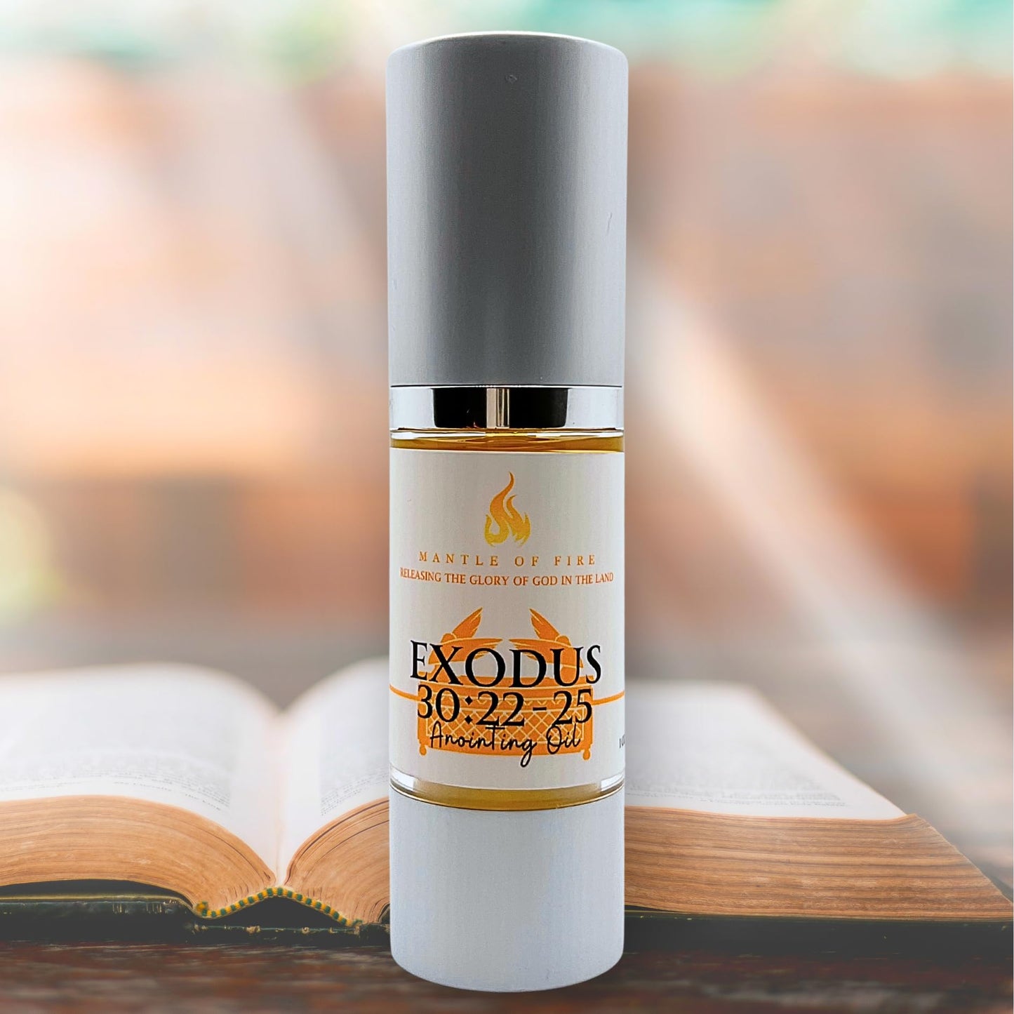 Exodus 30:22-25 Anointing Oil 1oz. Recipe God gave to Moses - 500 shekels of liquid myrrh, 250 shekels of fragrant cinnamon, 250 shekels of fragrant calamus, 500 shekels of cassia and a hin of olive oil. Comes in a top of the line spill proof, shatter pro