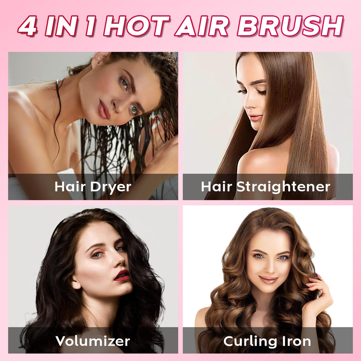 Harael Blow Dryer Brush Hair Dryer Brush in One, 4 in 1 for Drying Straightening Curling Volumizing Hair, Heated Comb+Blow Dryer Brush, Dual Mode Hot Air Brush for All Hair Types, Black Pink