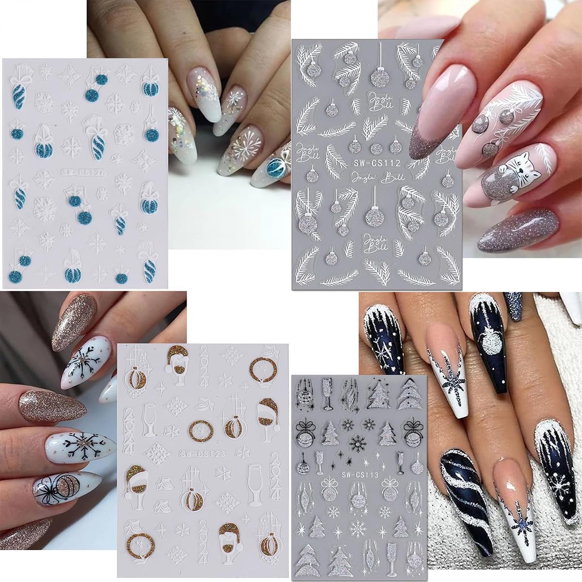 Christmas Nail Art Stickers 3D Winter Snowflake Nail Decals Self-Adhesive Gold Line Snow Ball Nail Design Charm DIY Christmas Nails Decorations French Holiday Nail Stickers for Women Girls 8 Sheets