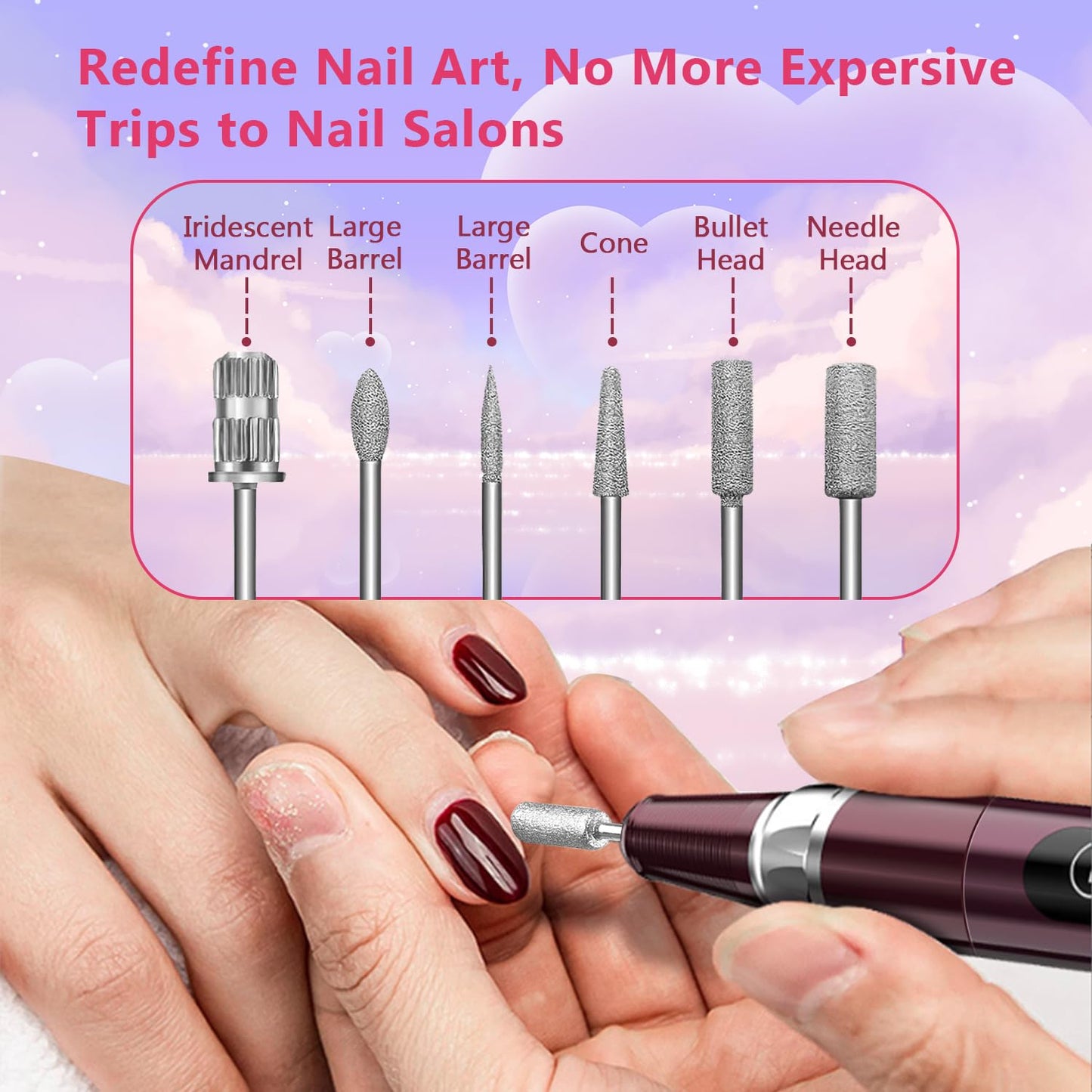 Electric Nail Drill File, Portable Rechargeable Electric File Nail Drill Machine Kit Manicure Pedicure Tools Polishing Set with Nail Drill Bits Sanding Bands (Red)