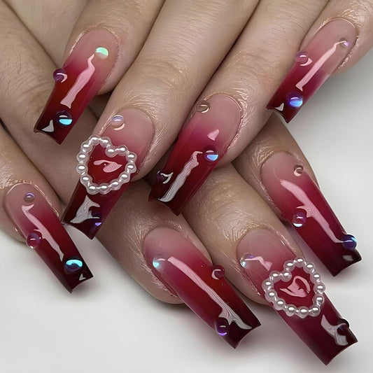 Press on Nails Long Coffin Fake Nails with Heart Shaped Pearl Rhinestones Designs Dark Red Gradient Glue on Nails Glossy Valentines False Nails Press ons for Women 24 Pcs