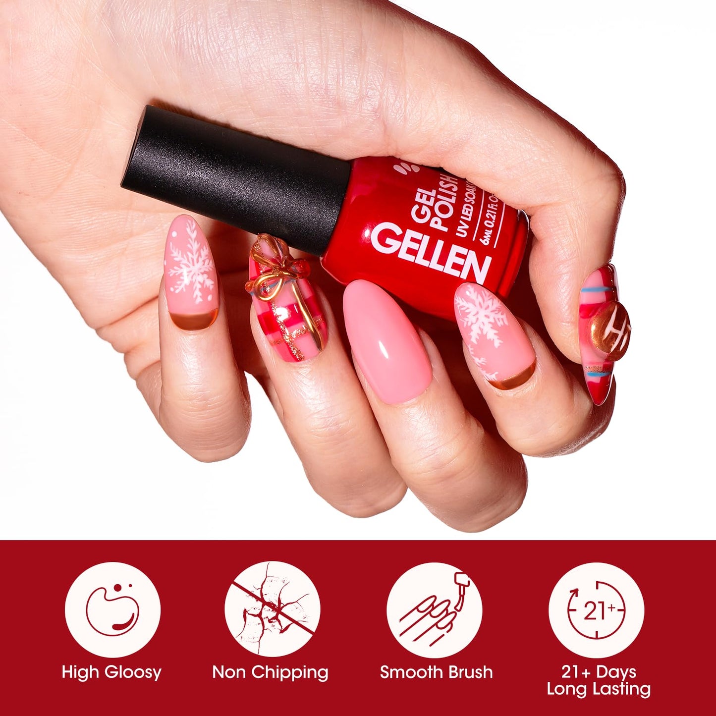 Gellen Red Gel Polish Set, 6 Colors Red Rose Pink Jelly Gel Nail Polish Set, French Tip Gel Polish Set Soak off U/V Light Cured Nail Art Valentines Gifts for Her