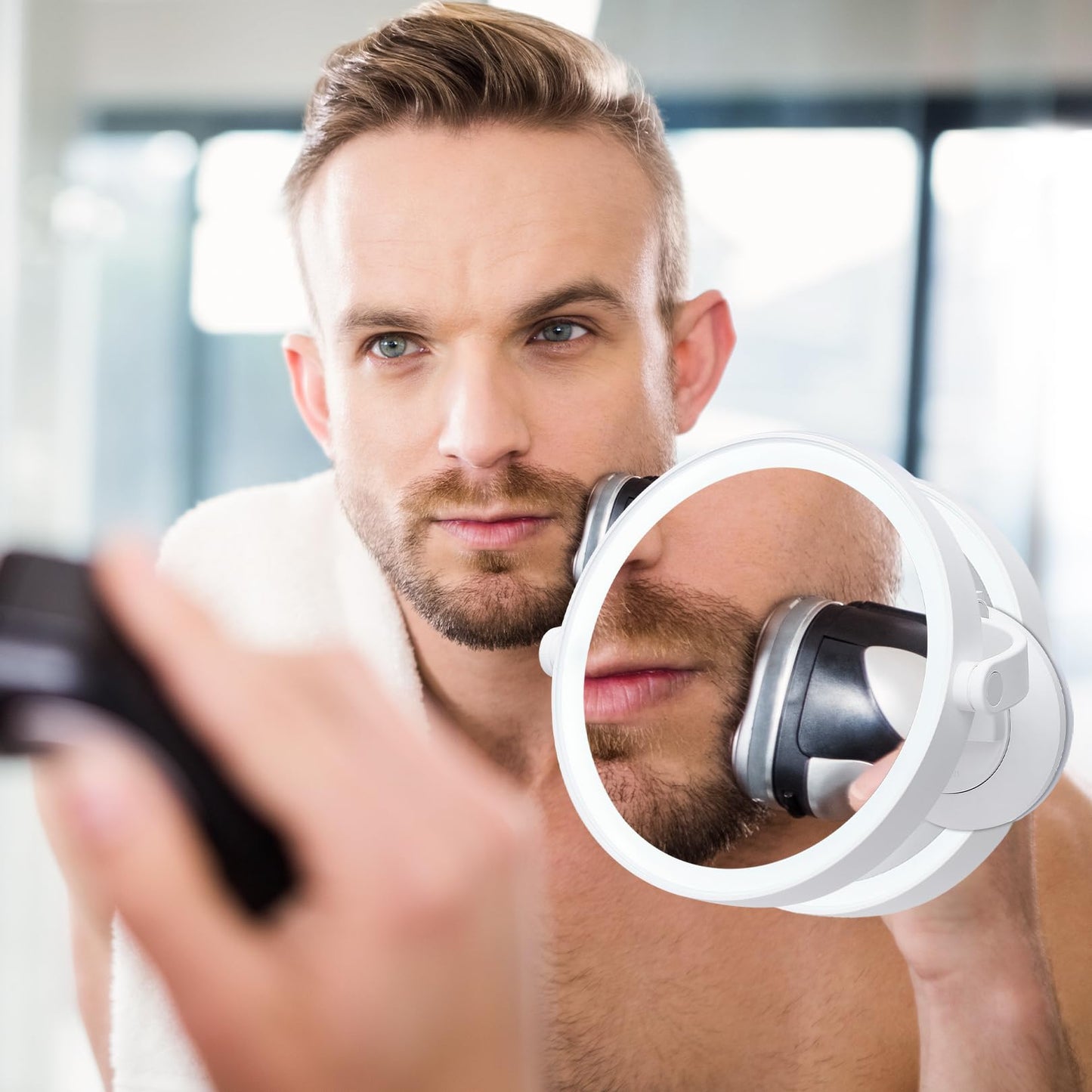 1X 10X Magnifying Shower Mirror with Lights, Rechargeable Lighted Manification Shaving Mirror No Drilling Locking Suction Mount, Double Sided 360° Bathroom Mirror for Men, Tabletop Makeup Mirror