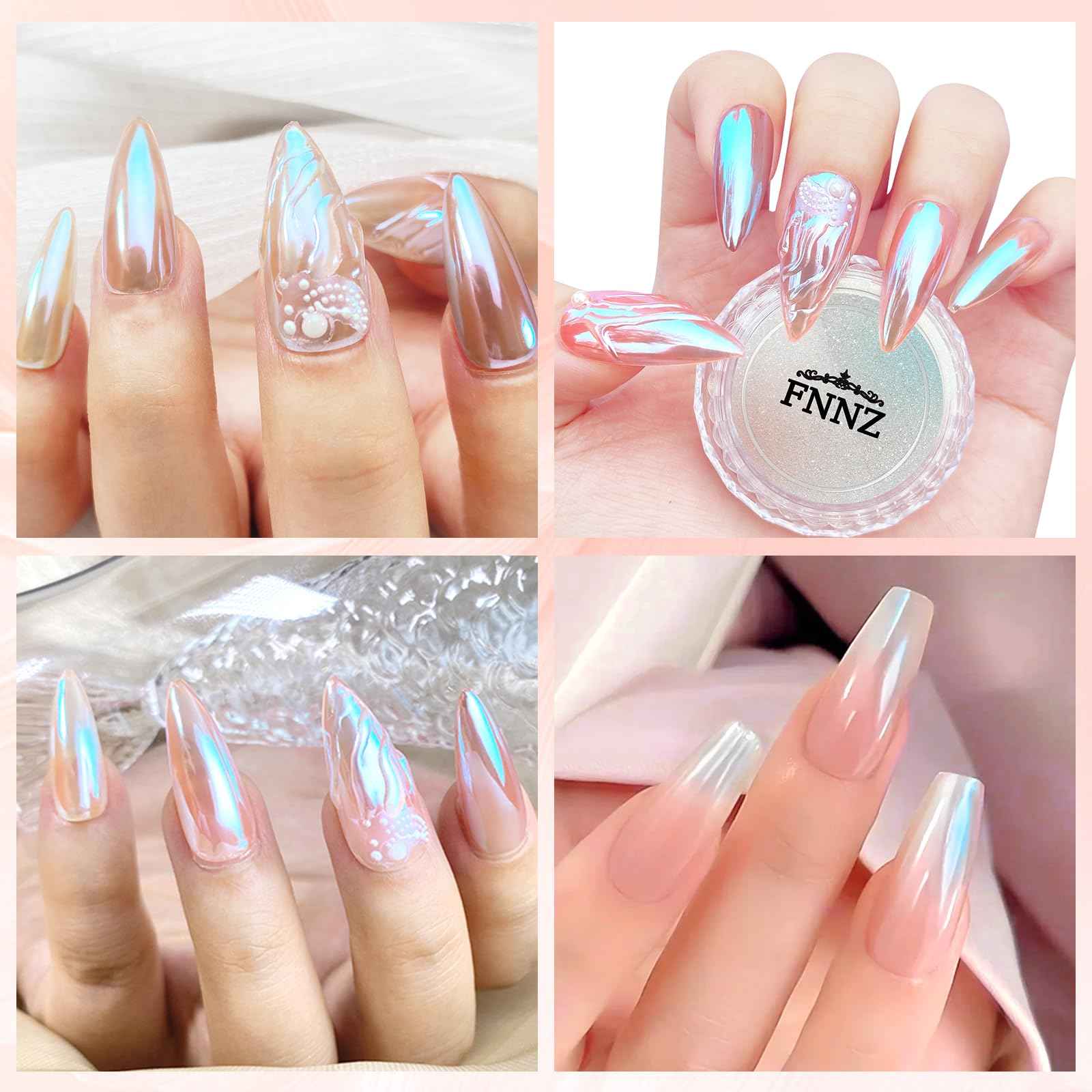 FNNZ Unicorn Chrome Nail Powder, Aurora Unichrome Mermaid Aurora Nail Powder Pigment Pearlescent Nail Art Glitter Decoration for Home DIY Nail Salon Manicure - Glacier Ocean