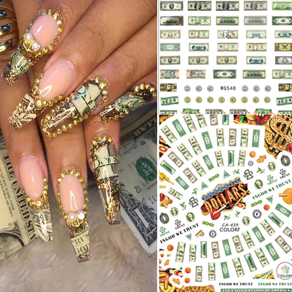 12 Sheets Money Dollar Nail Art Stickers 3D Gold Nail Art Supplies 100 Dollar Sign Self Adhesive Nail Decals DIY Designs Fashion Luxury Designer Nail Sticker Manicure Foil Nail Decorations Accessories