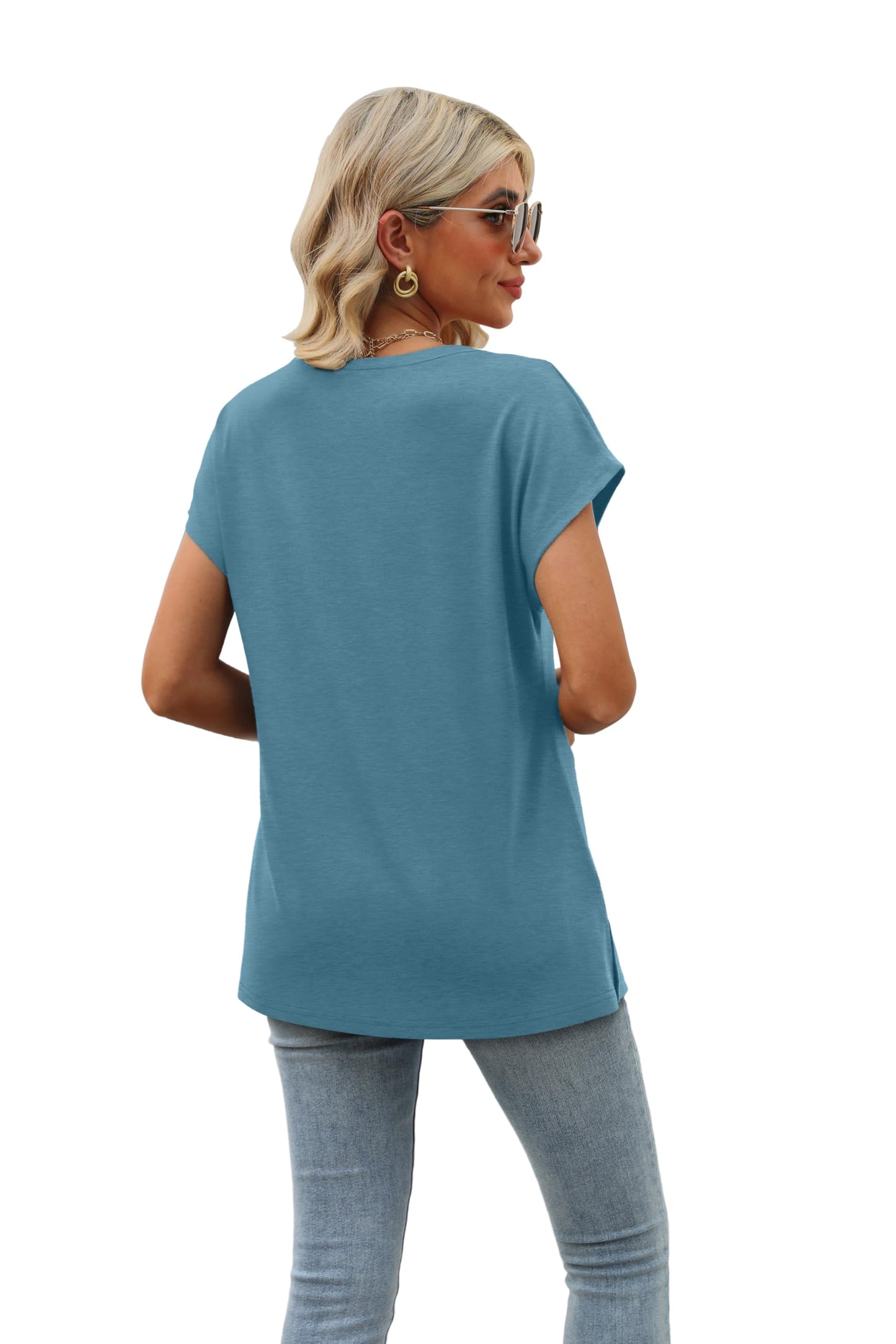 Womens Cap Sleeve Summer Tops Trendy Tank Tops V Neck Loose Fit Shirts Blue Green S