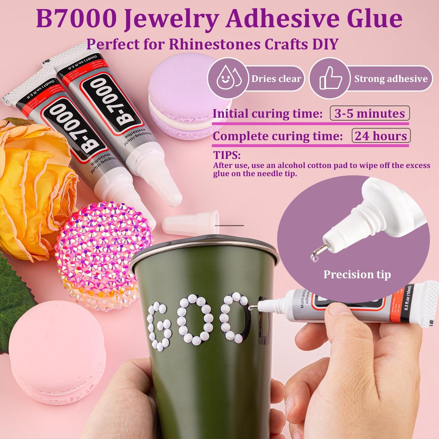 Resin Jelly Rhinestones for Crafting with B7000 Jewelry Glue, 1 Box White Flatback Crystal with 3Pcs 10ml Glue, Bedazzling Non Hotfix Gems for DIY Tumblers Clothing Shoes Manicure