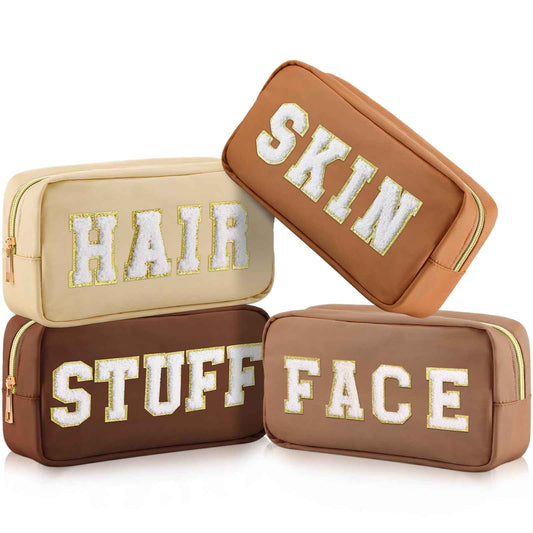 Cunno 4 Pcs Preppy Makeup Bags Chenille Letter Stuff Bag Nylon Cosmetic Pouch Cases with Zipper for Women Travel Toiletry(Brown Set,Vivid)