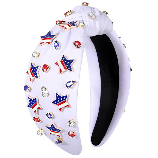 NVENF American Flag Star Headband with Pearl Crystal Rhinestones - Patriotic Knotted Headband Outfit for Women, Holiday Gift (Star A-White)