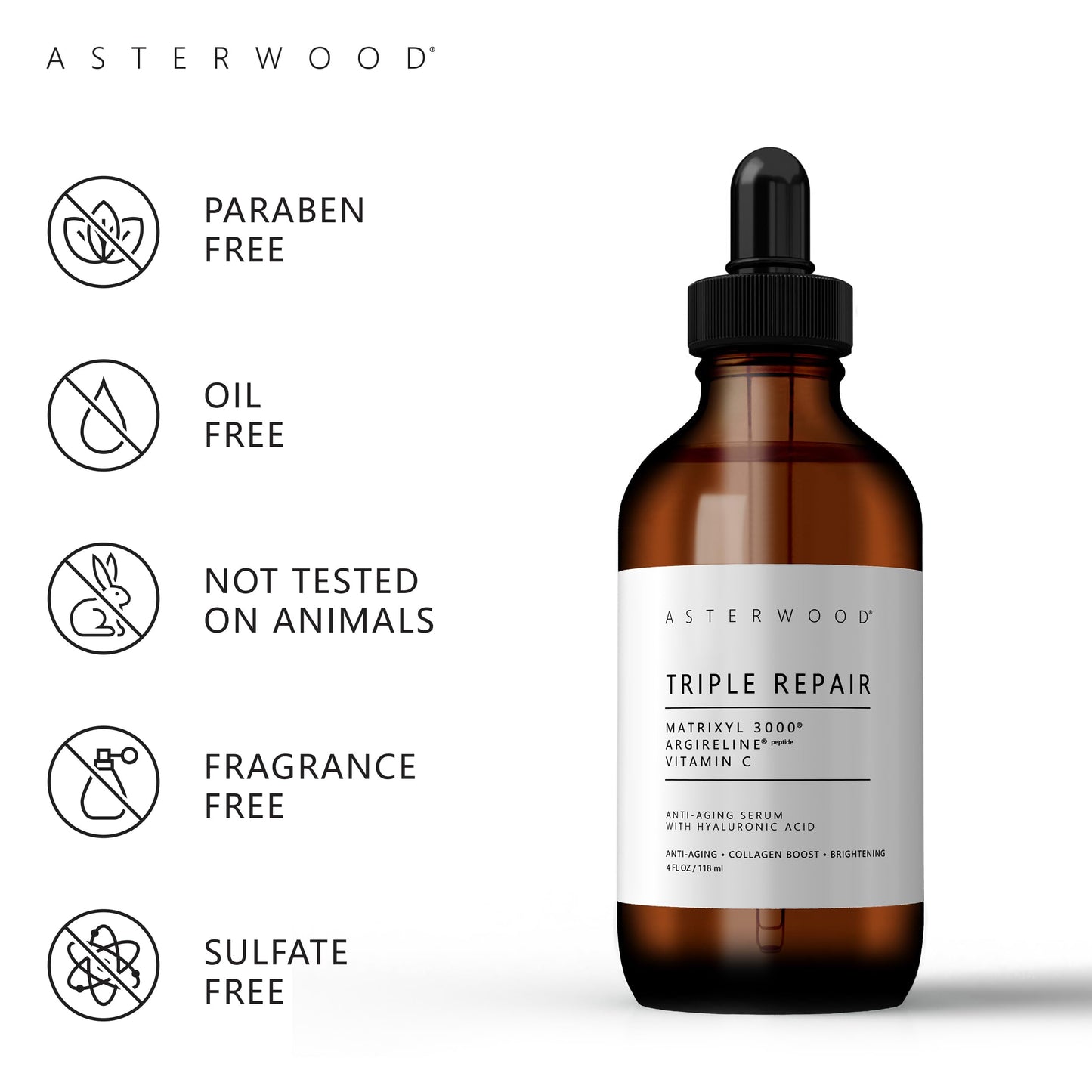 Asterwood Triple Repair Matrixyl 3000 + Argireline + Hyaluronic Acid + Organic Vitamin C Serum for Face; Anti-Aging Face Serum, Anti-Wrinkle Serum, Facial Skin Serum Skin Care, 118ml/4 oz