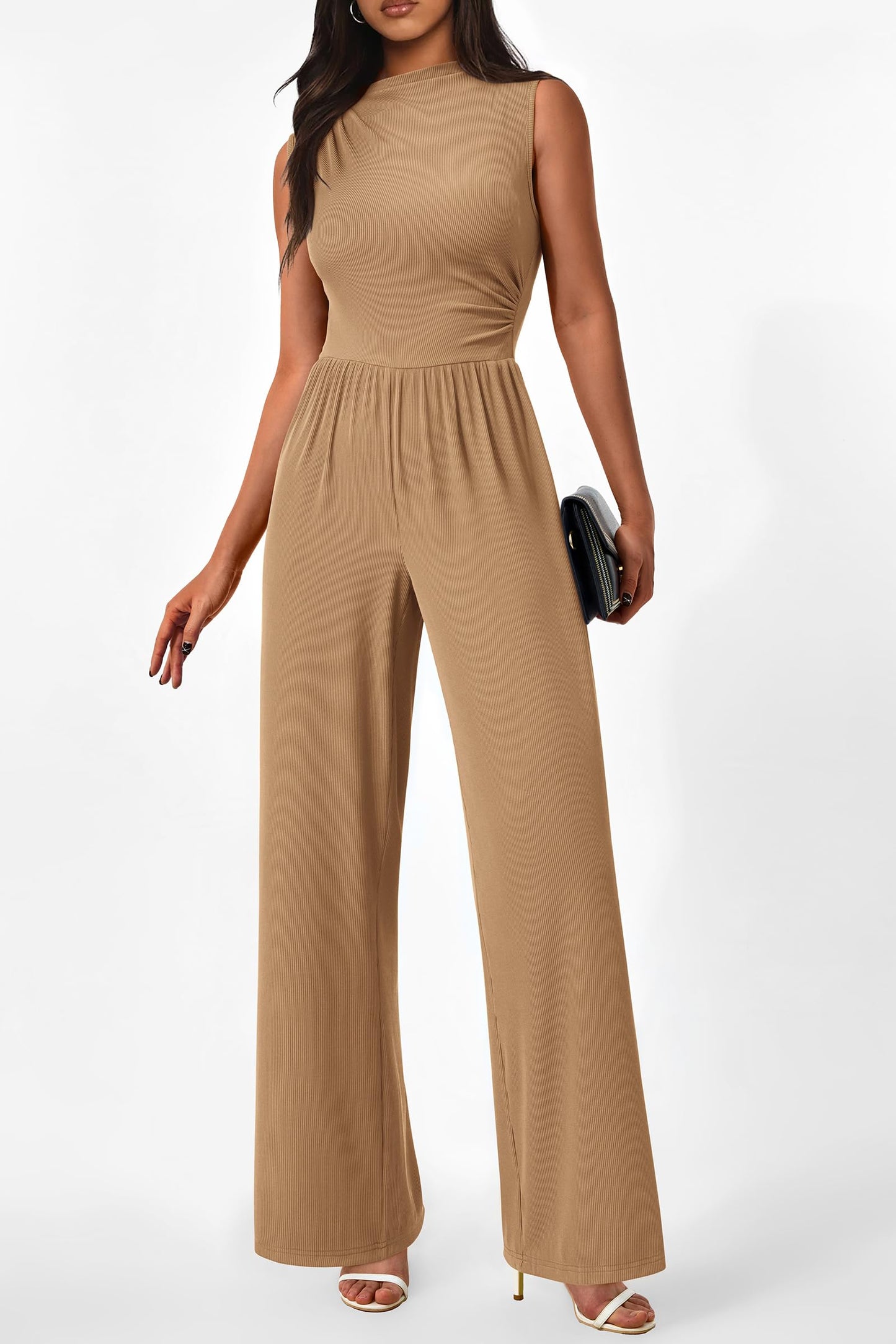 PRETTYGARDEN Womens Summer Jumpsuits Dressy Casual One Piece Outfits Sleeveless Mock Neck Wide Leg Pants Rompers with Pockets (Style2-Camel,Small)