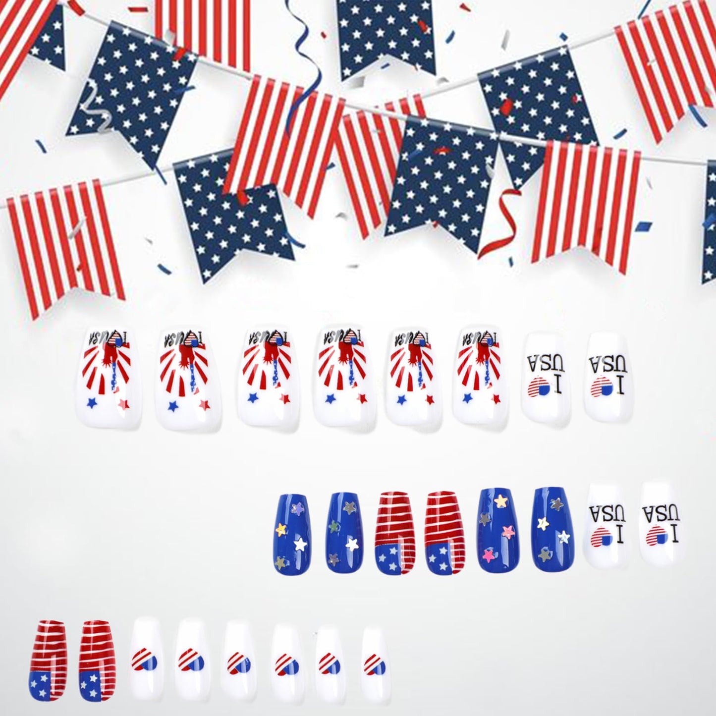 24Pcs 4th of July Press on Nails Medium Coffin Fake Nails Glossy Red Blue American Flag Glue on Nails Independence Day Patriotic False Nails with Star Heart Design Artificial Nails for Women and Girls