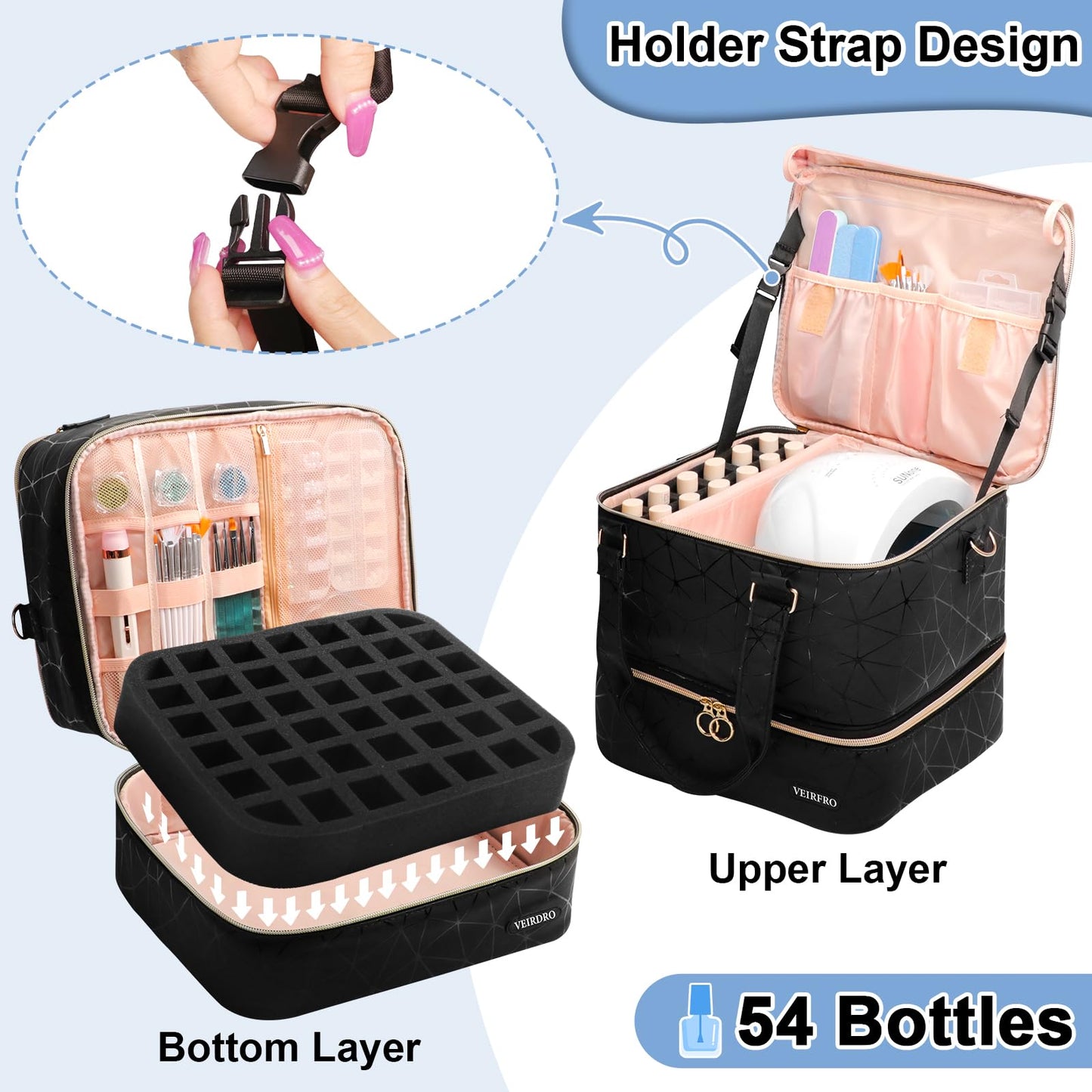 Veirdro Nail Polish Organizer Bag Holds 54 Bottles (15ml/0.5 fl.oz) and Nail Lamp, PU Leather Nail Kit Storage Carrying Case with Support Strap, Large Nail Supplies Shoulder Bag Women (Elegant Black)