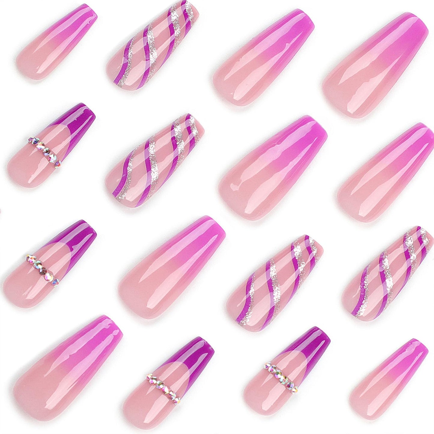 French Tip Press on Nails Long Coffin Fake Nails Purple Swirls Glue on Nails Nude Translucent Nails Press ons Silver Glitter Acrylic Nails 3D Rhinestones & Ombre False Nails for Women 24Pcs