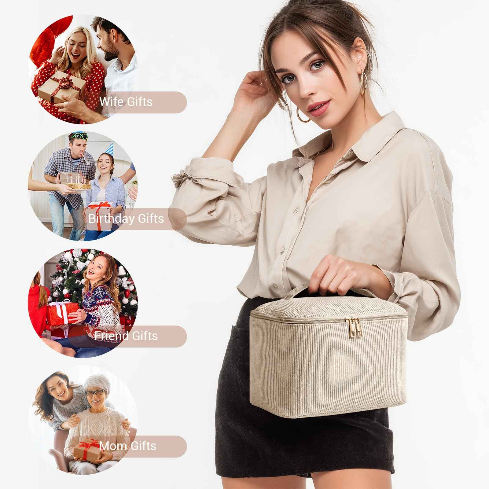 MAGEFY 2Pcs Makeup Bag,Cosmetic Bag Large Capacity with Handle Small Makeup Bag for Purse, Travel Makeup Pouch for Women,Beige