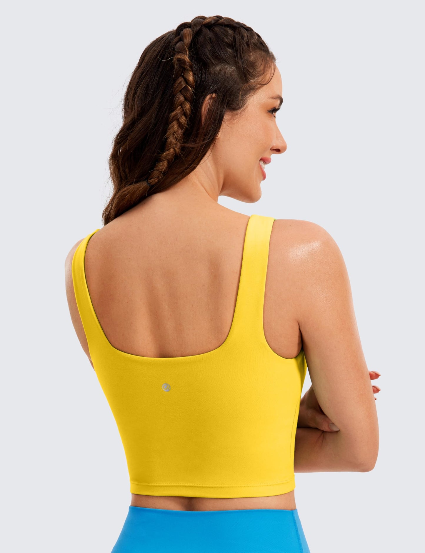 CRZ YOGA Butterluxe Womens Square Neck Longline Sports Bra - Workout Crop Tank Tops Padded with Built in Shelf Yoga Bra High Visibility Yellow Large