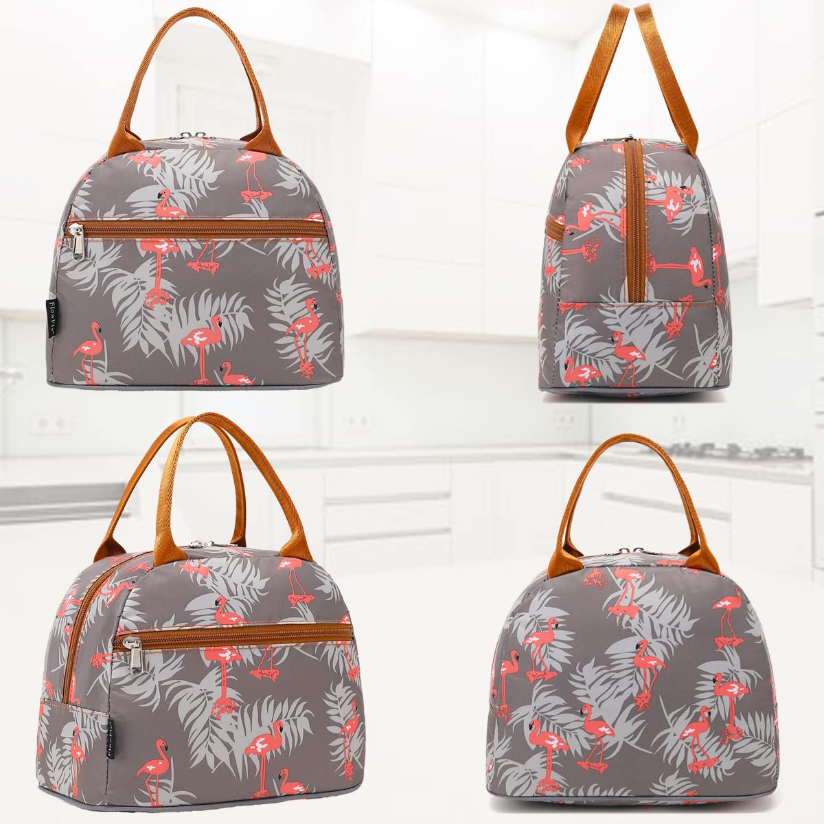 FlowFly Insulated Reusable Lunch Bag Adult Large Lunch Box Lunch Tote for Women and Men,With Front Pocket, Tropical