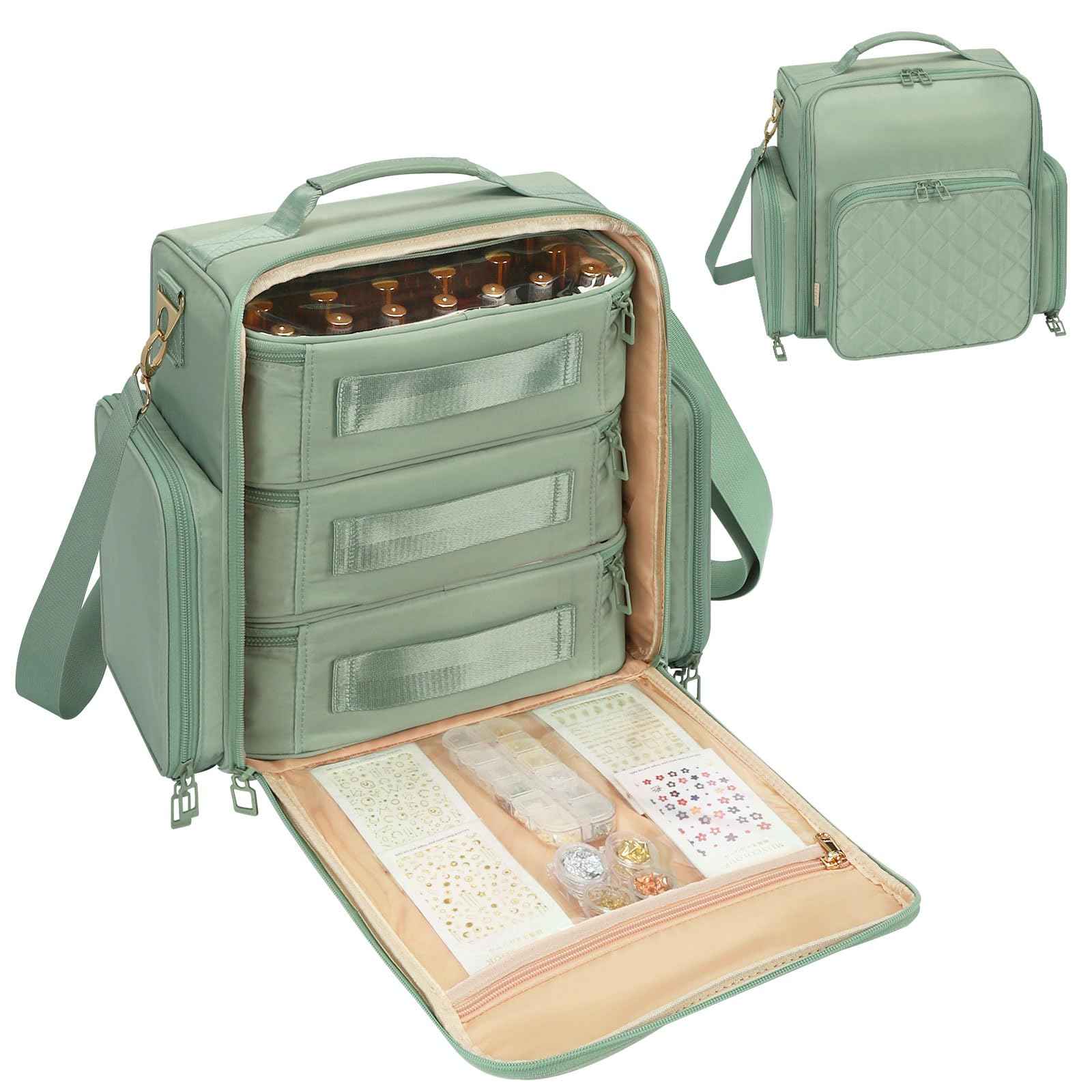 OCHEAL Nail Polish Organizer, Holds Nail Lamp and 75+ Bottles, Nail Organizers and Storage Holder Case with 3 Individual Bags Fit Manicure Tools Manicurist Travel Carrying kit -Green