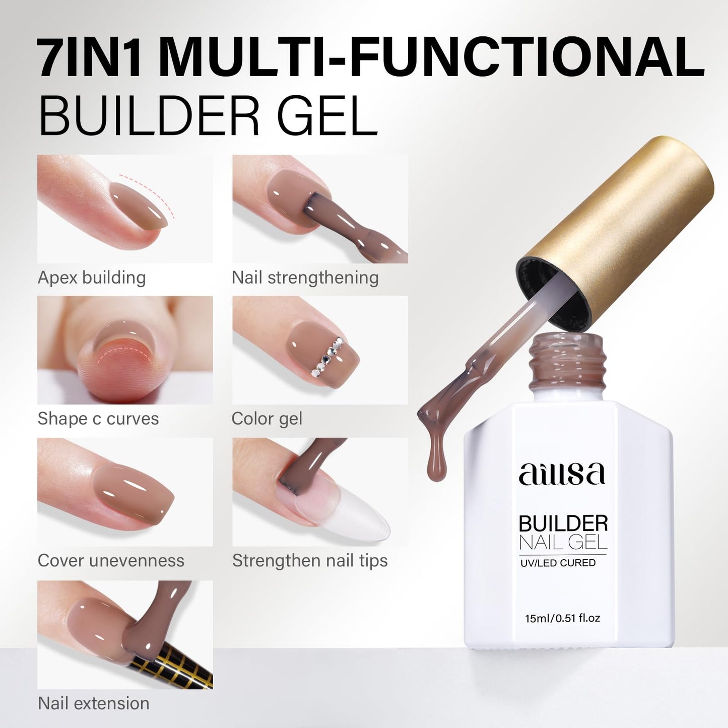 AILLSA Builder Gel for Nails Dark Nude 7 In 1 Strengthener Gel Nail Polish Brown Hard Gel Polish Extension U V Gel Polish Coffee Color Translucent Gel Polish for Nail Art Base Coat Needed 0.51 Oz GB55