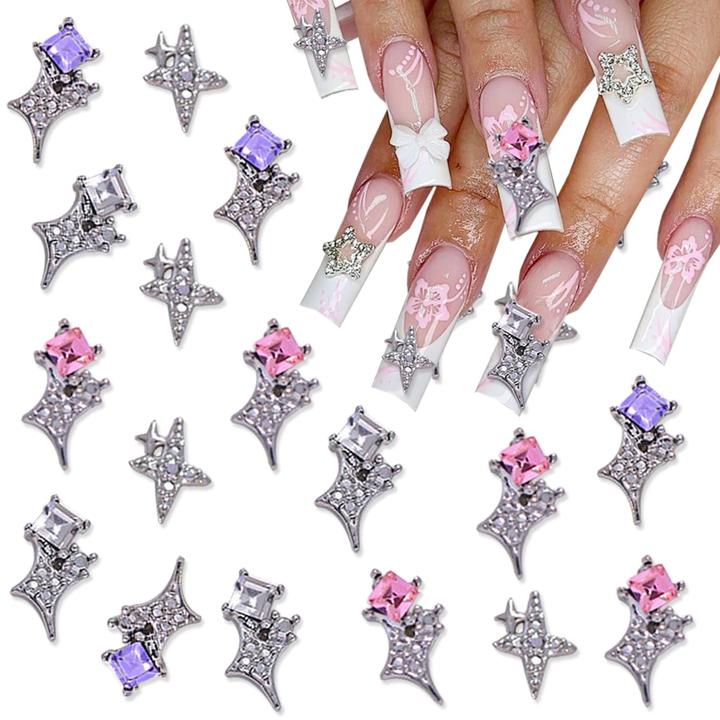 20Pcs Silver Star Nail Charms for Nail Art Crystal Diamond Stars Nail Art Charms Pink Purple Alloy 3D Alloy Star Nail Rhinestone with Gems and Charms Y2K Nail Supplies for Acrylic Nails Decor Crafts