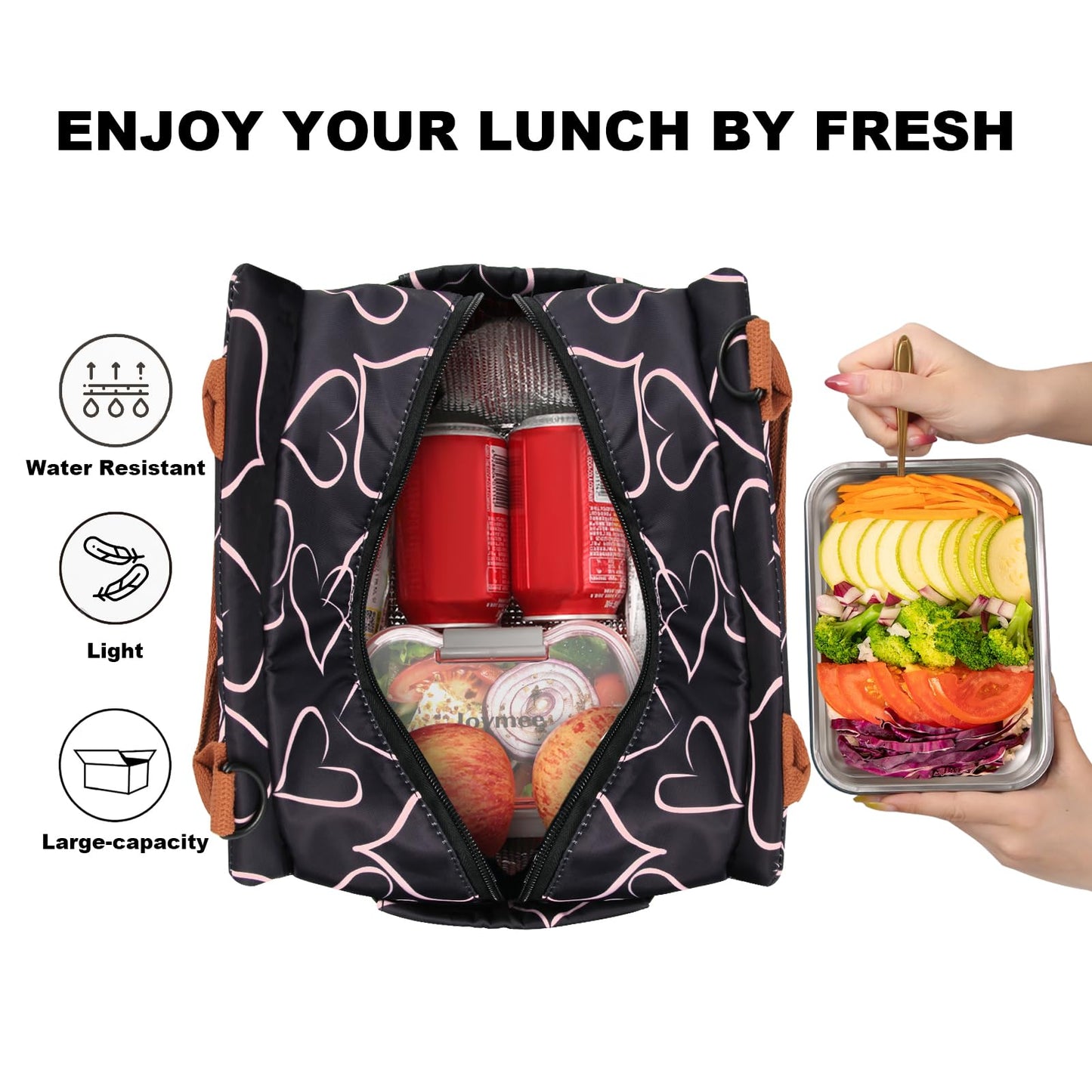 Joymee Lunch Bag Women Insulated Lunch Box with Adjustable Shoulder Strap Large Reusable Leakproof Spacious Cooler Tote for Women Men Adult with Bottle Holder and Side Pockets - Love Heart