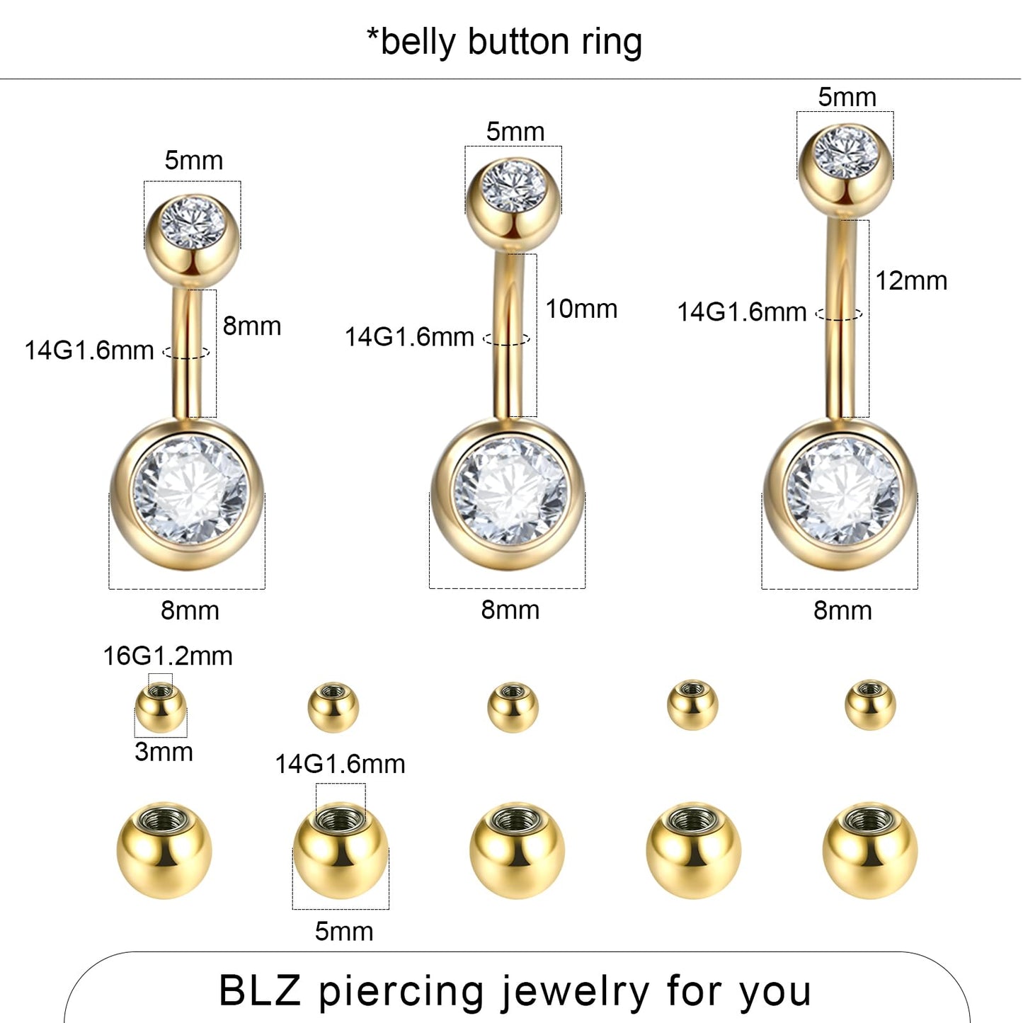 BLZ 90PCS Mixed-pack Piercing Kit Stainless Steel 14G 16G 18G 20G Piercing Needle with Nose Septum Lip Tongue Tragus Cartilage Daith Eyebrow Belly Button Rings Retainer Piercing Jewelry gold