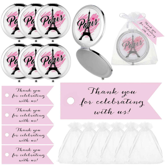 DoubleFill 24 Sets Paris Party Favors for Guests Paris Make up Mirror Thank You Tags and Organza Bags Eiffel Tower Gift for Birthday Bridal Shower Pink Baby Shower Sweet 16 Party Favors