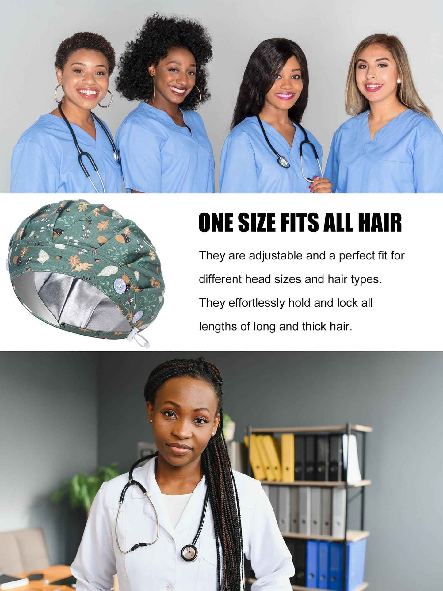 Floraltop 6 Pcs Satin Lined Scrub Caps Women Nurse Surgical Hat with Buttons Ponytail Working Adjustable Pouch Tie Back(Classic Style)
