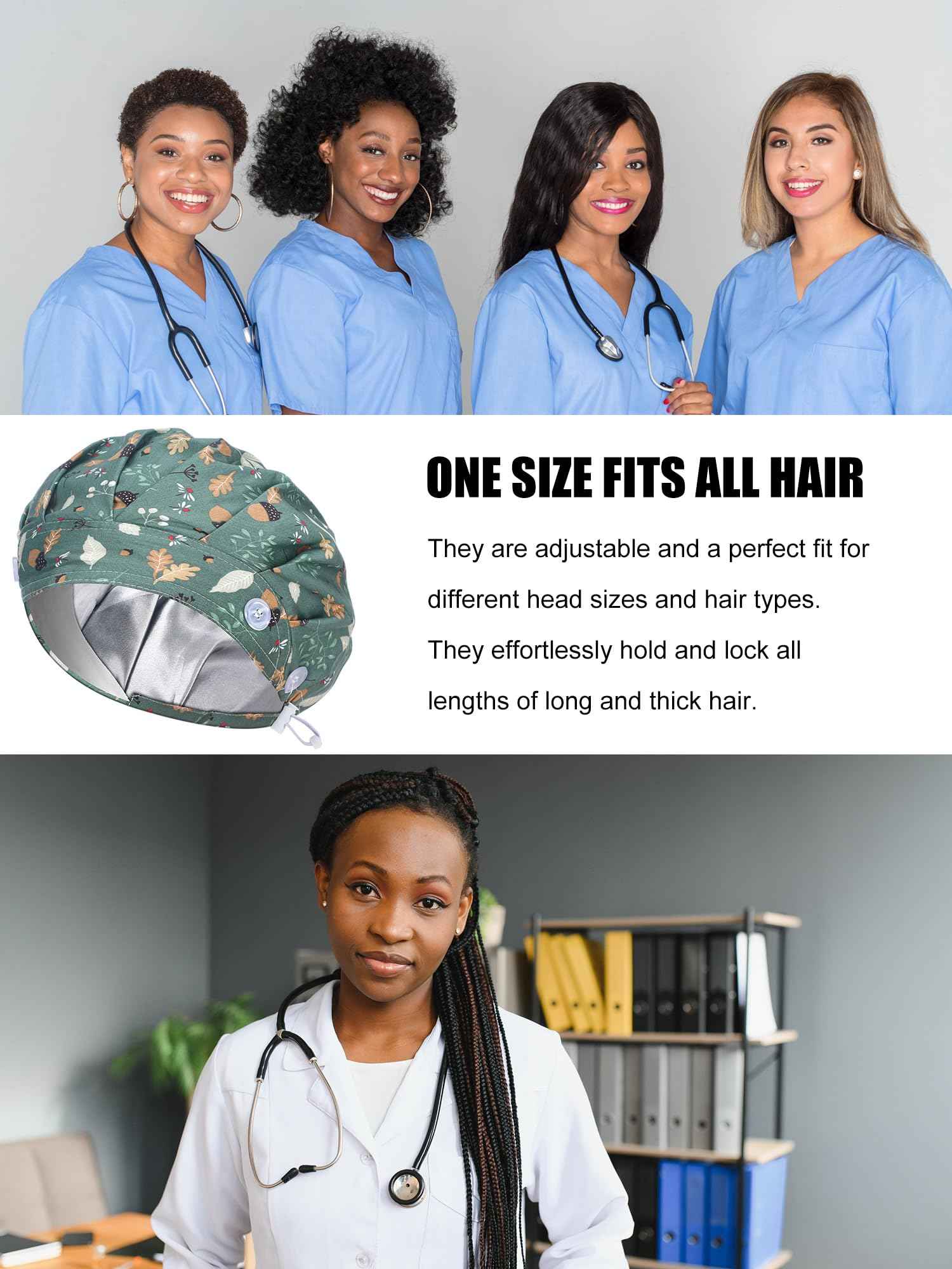 Floraltop 6 Pcs Satin Lined Scrub Caps Women Nurse Surgical Hat with Buttons Ponytail Working Adjustable Pouch Tie Back(Classic Style)