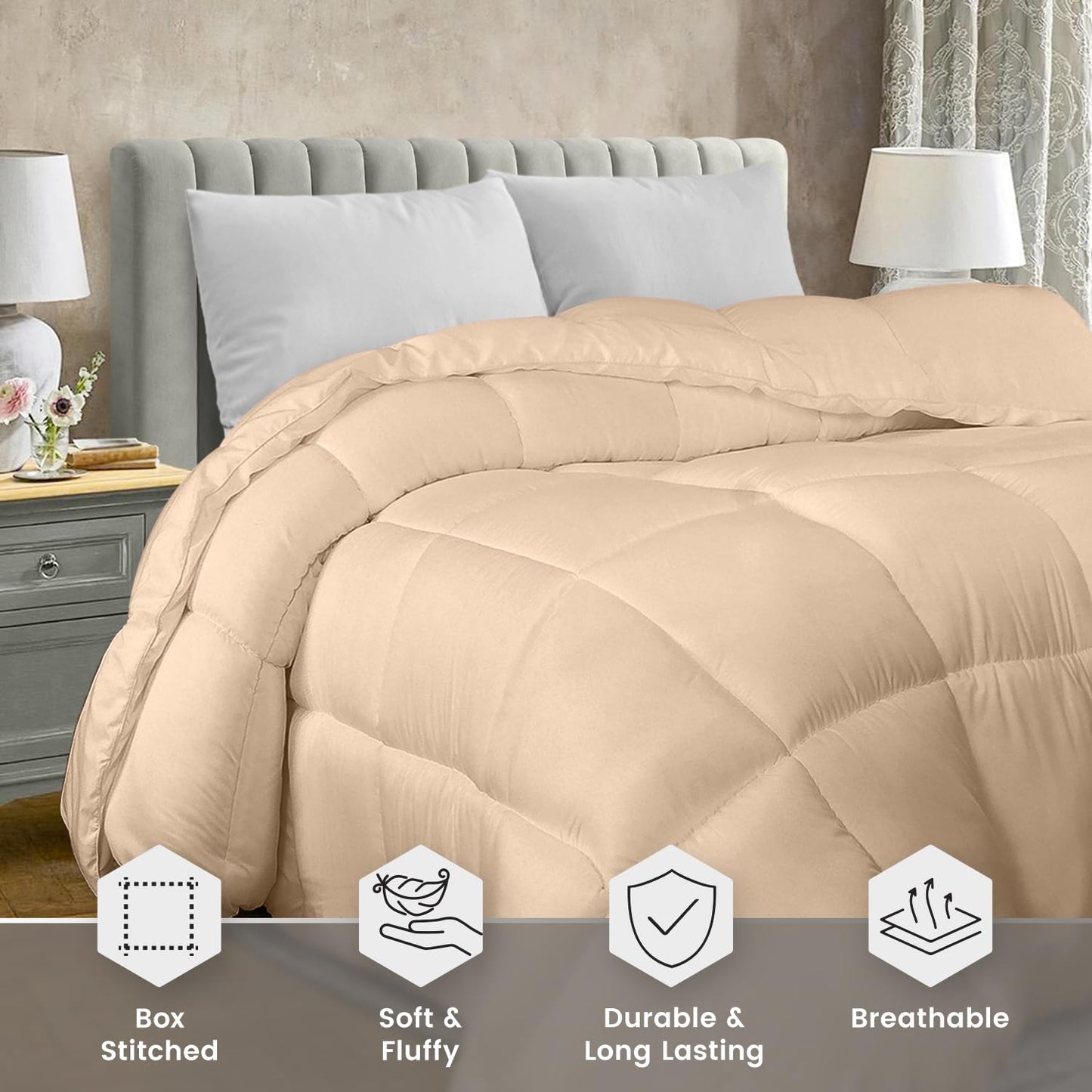 Utopia Bedding Comforter Duvet Insert, Quilted Comforter with Corner Tabs, Box Stitched Down Alternative Comforter King (Beige)