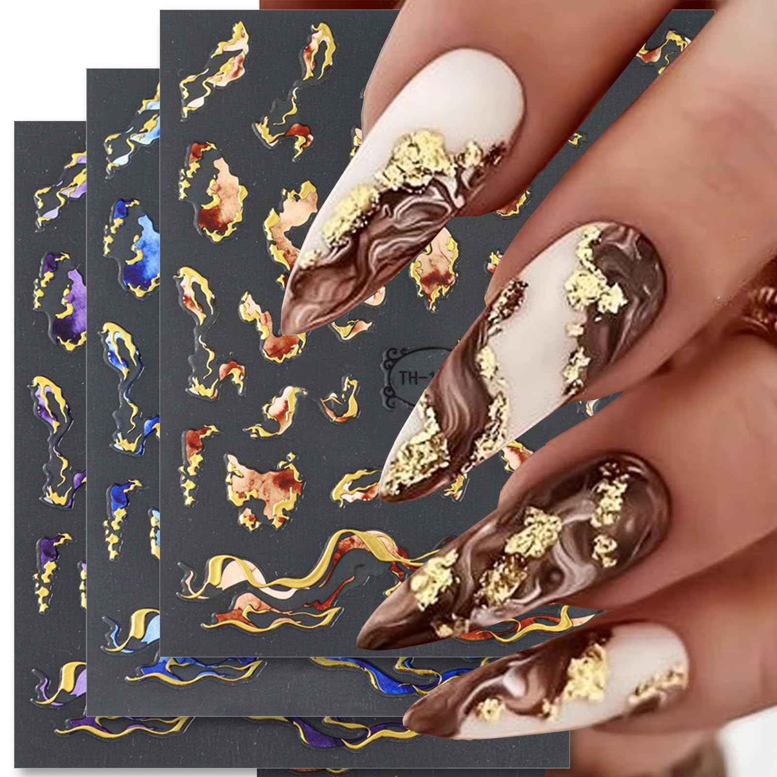 3D Bronzing Gold Marble Nail Art Stickers, 6pcs Blue Purple Irregular Gild Stamping Decals for Women Designs, Self Adhesive Accessories