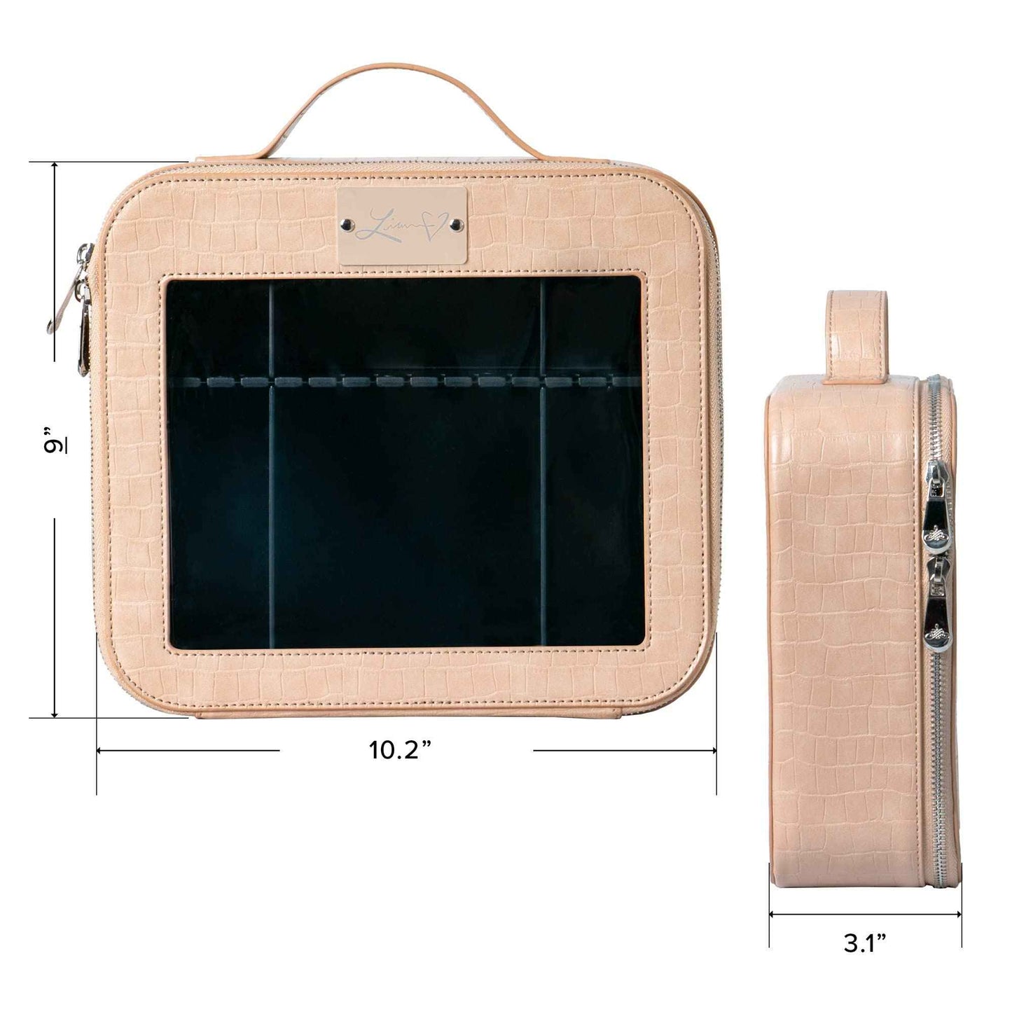 Impressions Vanity Liane V. Travel Makeup Bag, Cosmetic Case Makeup Organizer with Waterproof and Transparent Window, Makeup Vanity Bags with Adjustable Dividers and Faux Leather (Beige)