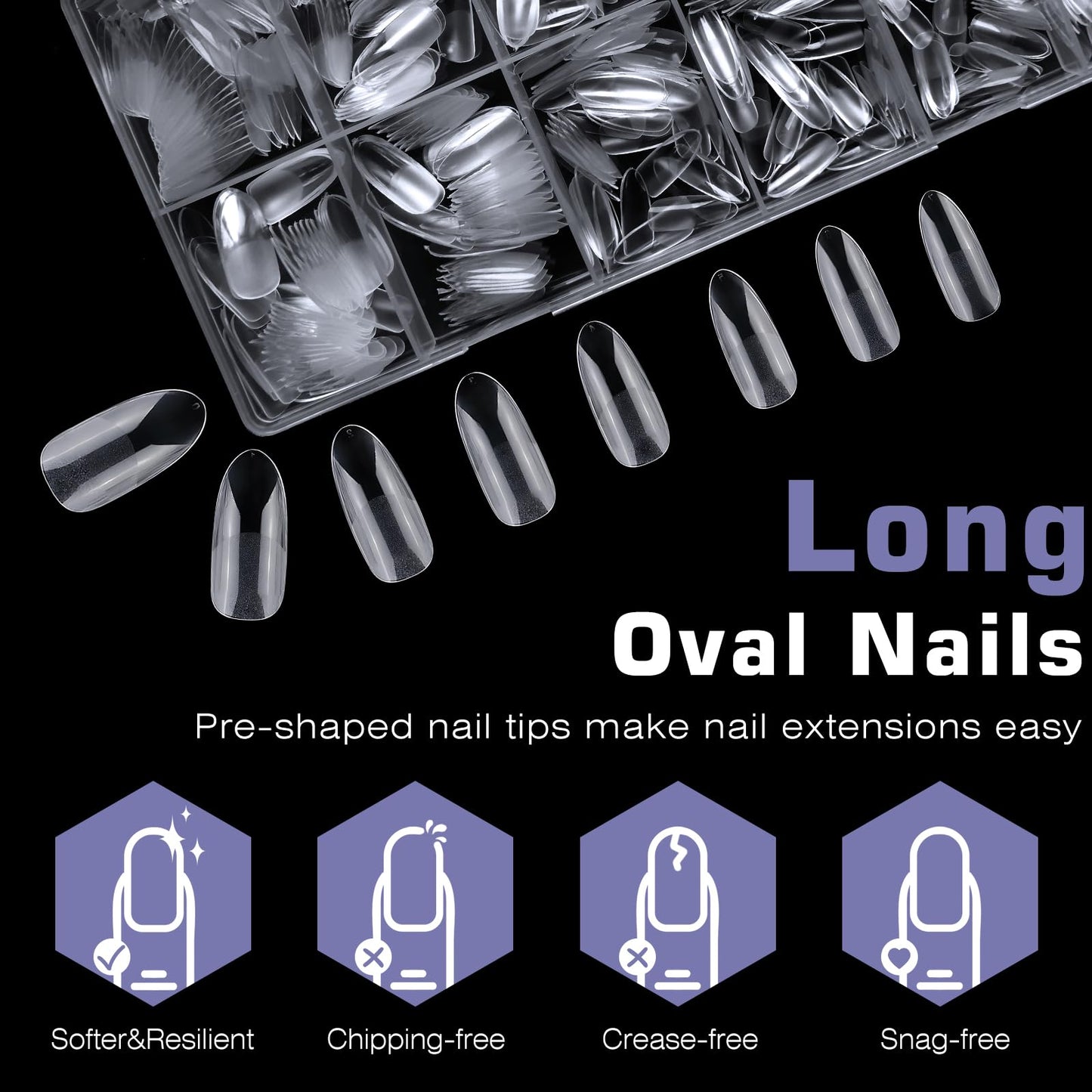 Lifextol 600pc Long Round Nail Tips Fake Nails Press on Nails Clear Nail Tips Full Cover False Nail Artificial Fingernail, 12 Sizes Soft Gel x Nail Tips for Acrylic Nails Gel x Nail Extensions