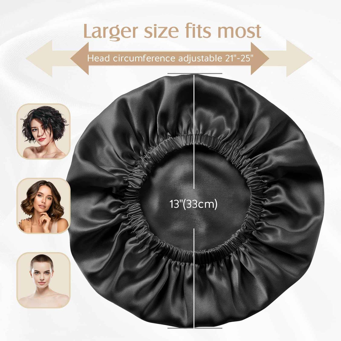 YFONG Double Layered 100% Silk Bonnet for Sleeping Women, 22 Momme Pure Mulberry Silk Sleep Shower Cap with Adjustable Elastic Band Stay On Head，Reduce Frizz, Keep Hairstyle, Black, L