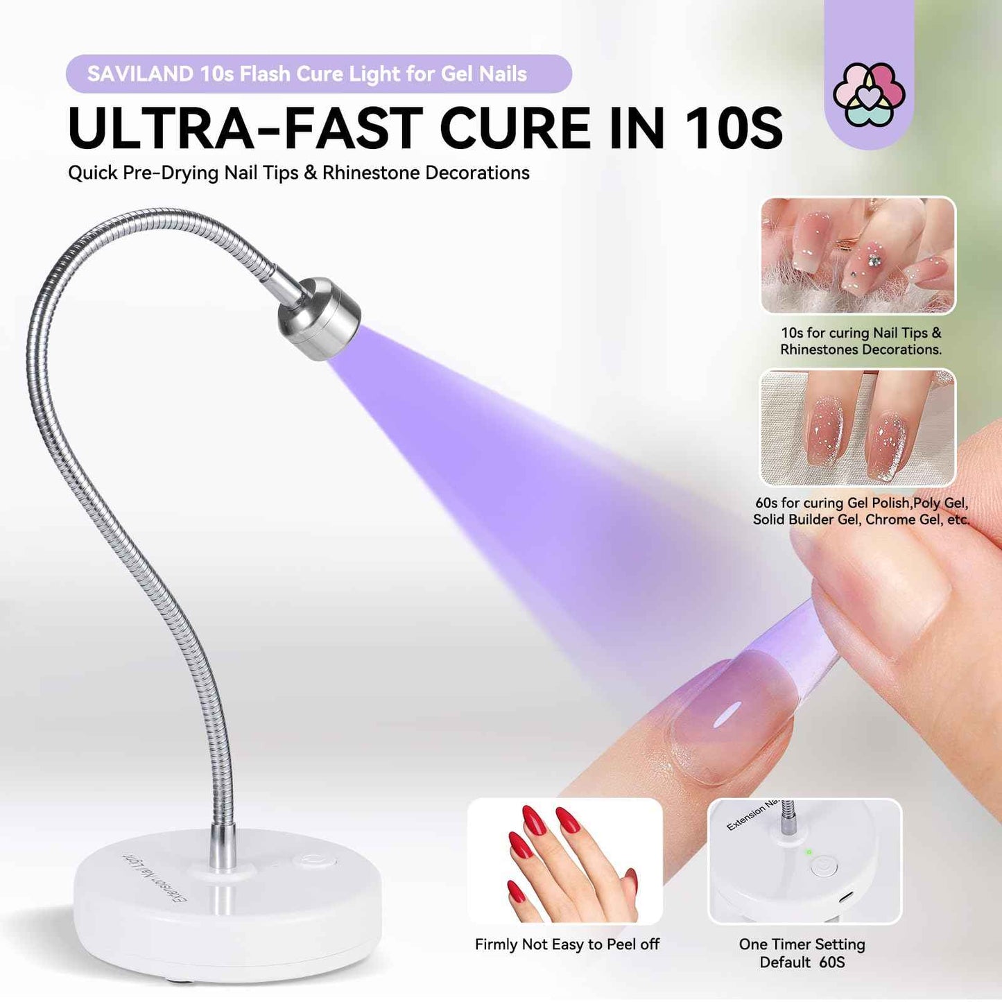SAVILAND Gooseneck U V Lamp for Gel Nails:Touch Switch 12W U V Nail Lamp 5S Quick Drying LED Fast Curing Lamp Rechargeable Gel Lamp 3Timers Setting 360° Adjustable Home Salon Manicure Nail Dryer