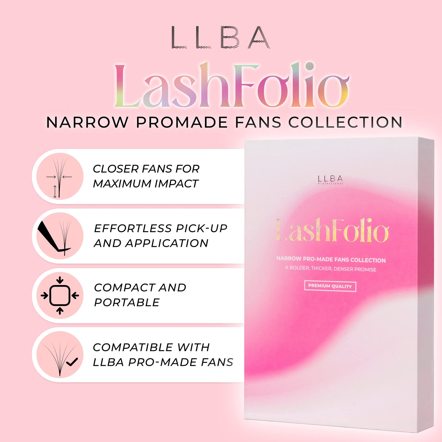 LLBA LashFolio Narrow Promade Fans | Handmade Volume Eyelashes | Multi Selections 5D~10D | C CC D Curl | Thickness 0.03~0.07mm | 8-15mm Length | Long Lasting & Easy Application (10D-0.03 CC 10mm)