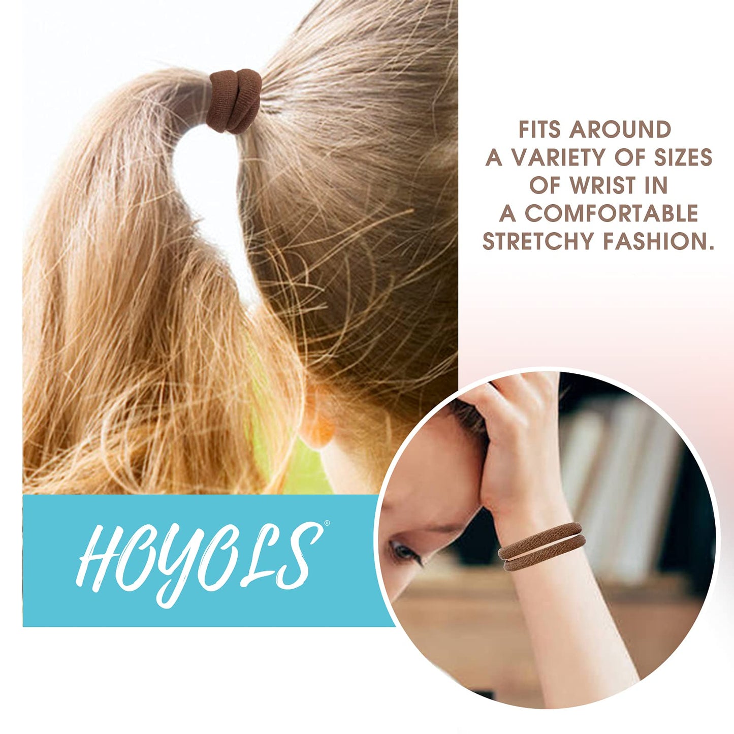 HOYOLS Soft & Stretch 1.6 Inch Elastic Hair Ties Large Hair Bands Nylon Fabric Ponytail Holder for Thick Heavy Curly Hair, No Slip No Damage Seamless Scrunchies Headbands 50 Pcs (Sparkling Amber)