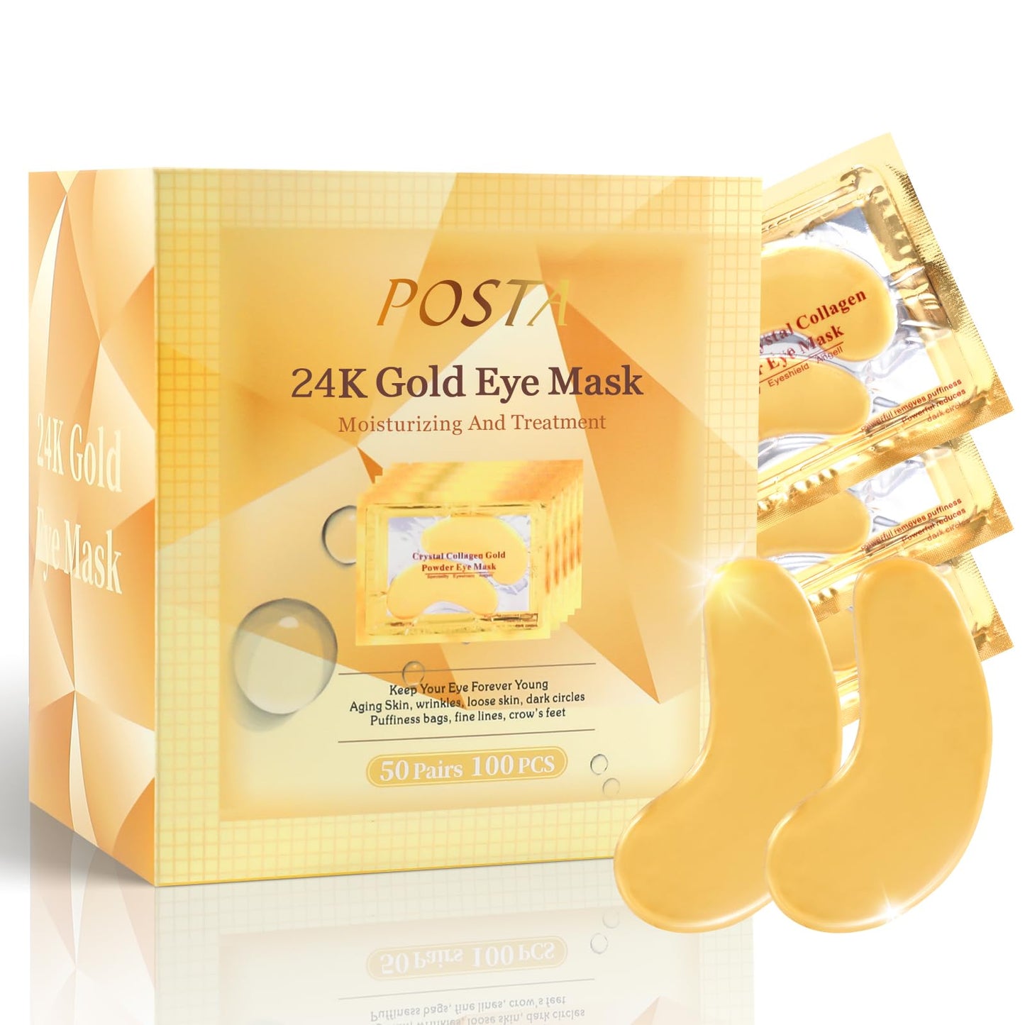 POSTA 50 Pairs 24K Gold Eye Mask, Collagen Under Eye Mask for Dark Cirlce, Puffiness, Refresh, Revitalizing, Travel, Wrinkles, Eye Patches Luxury Gift for Women & Men