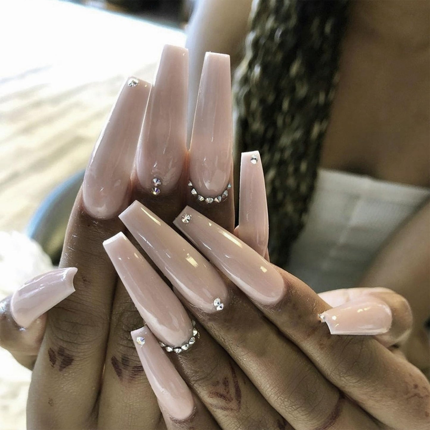 Long Press on Nails Coffin Milky White False Nails Acrylic with Rhinestones Design Simple Glossy Artificial Nails with Glossy Ballerina Nails for Women and Girls 24Pcs