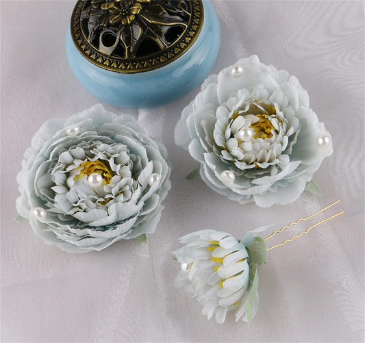 Peony Flower Hair Clip Hanfu Hairpin Bridesmaid Pin up Flower Brooch Party Wedding Decor (one size, Light Green-3Pcs)